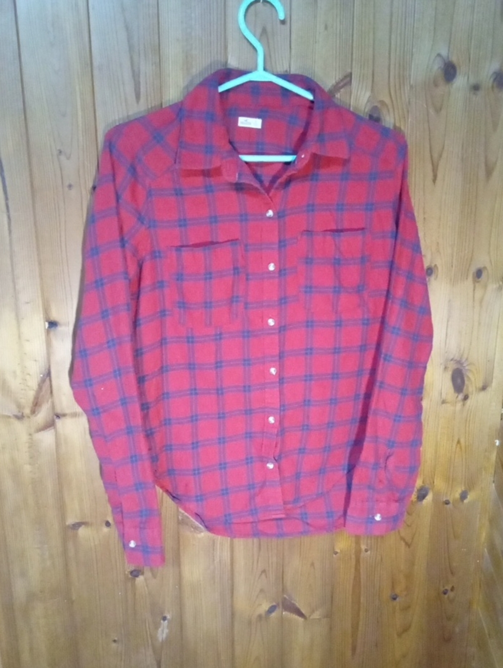Hollister Red and Navy Plaid Button-Down Shirt
